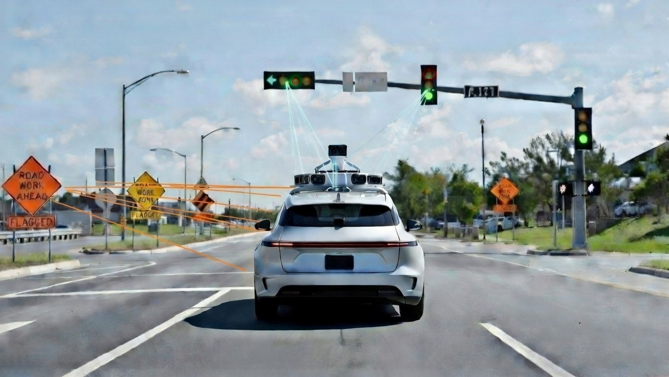 Autonomous vehicle approaching a connected intersection, receiving V2X signals from traffic lights and roadwork signs