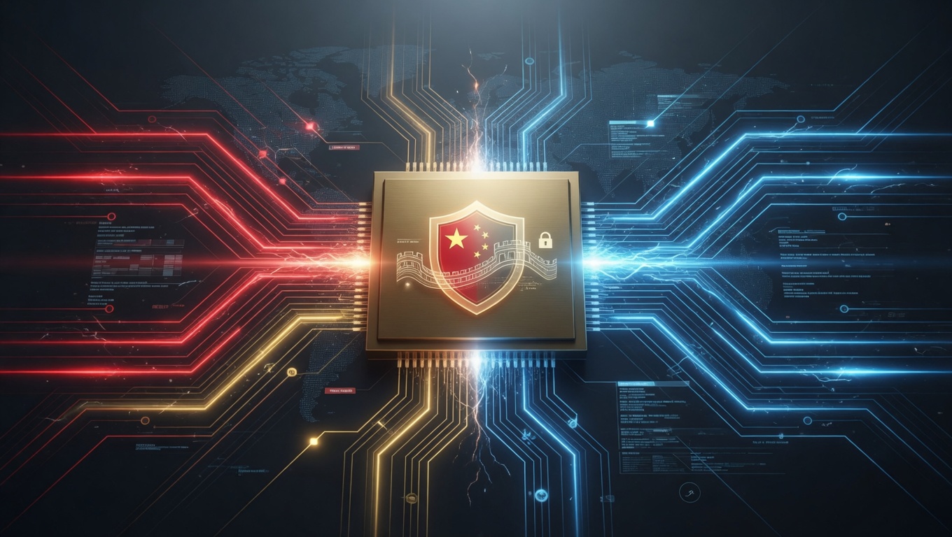 Abstract visualization of diverging automotive technology pathways – Chinese HPC chip under national security standards at the center of geopolitical decoupling